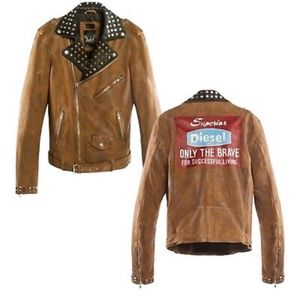 Diesel Men's Leather Motorcycle Jacket Studded Moto Biker Painted Graphics XL